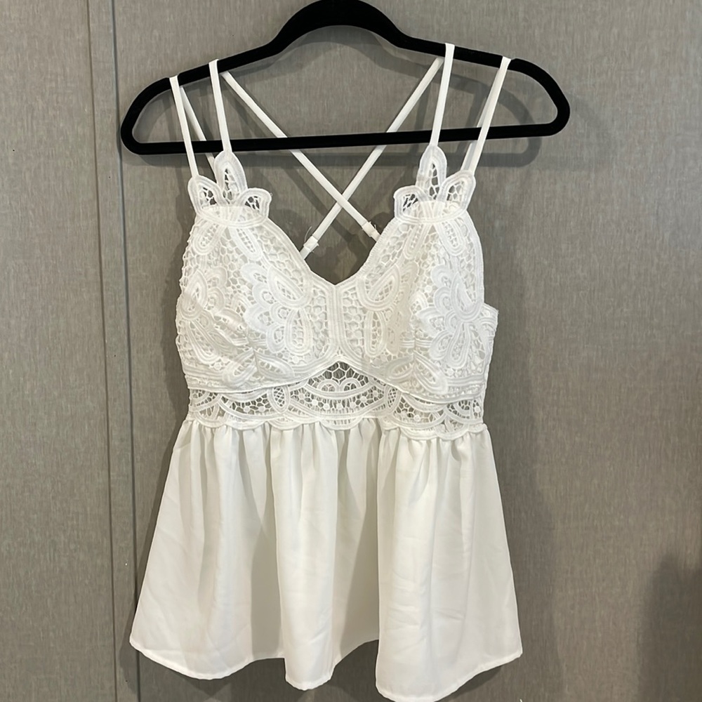 Women's White Lace Bodice Tank Top with Crisscross Straps